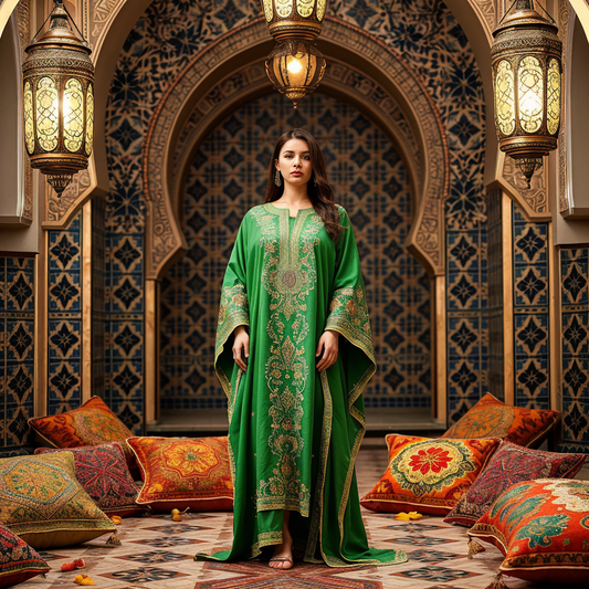 woman wearing Moroccan kaftan dresses in Islamic living room