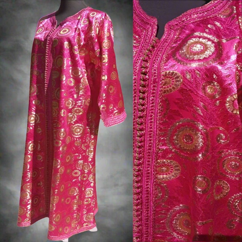 60s vintage Hot pink Caftan BROCADE dress with Gold - Heritage Handmade