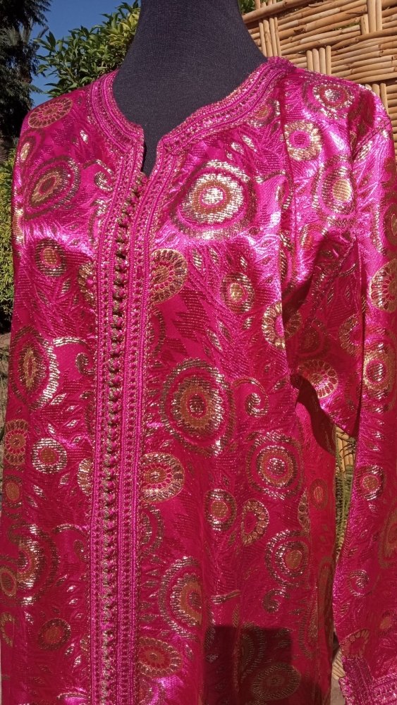 60s vintage Hot pink Caftan BROCADE dress with Gold - Heritage Handmade