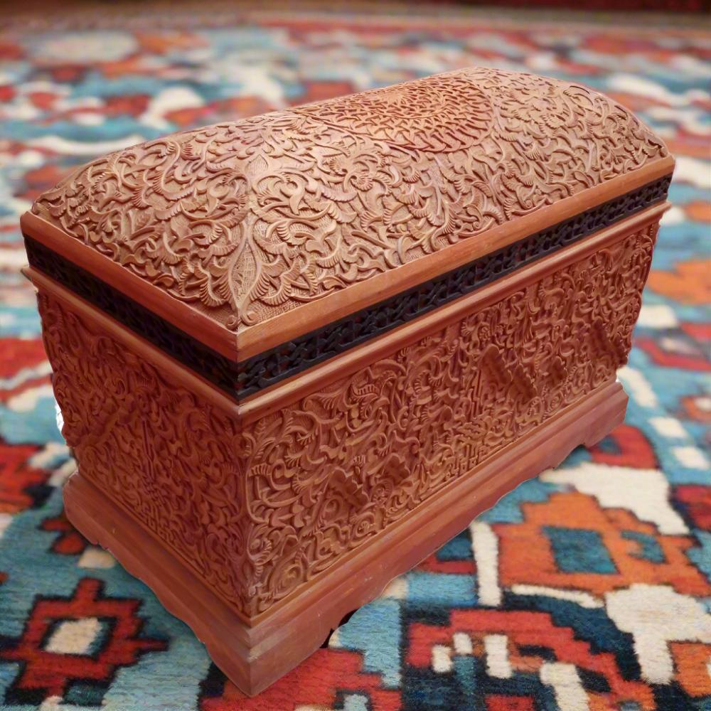 hand carved wooden trunk