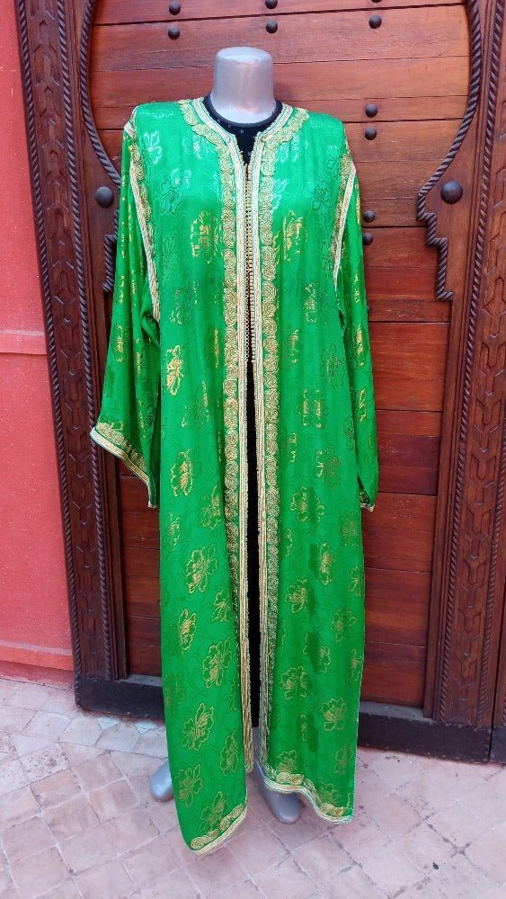 Vintage Moroccan Green Caftan with Gold Embroidery