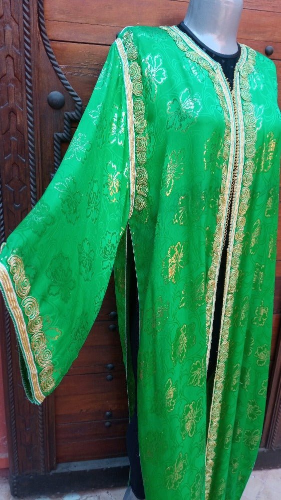 Vintage Moroccan Green Caftan with Gold Embroidery