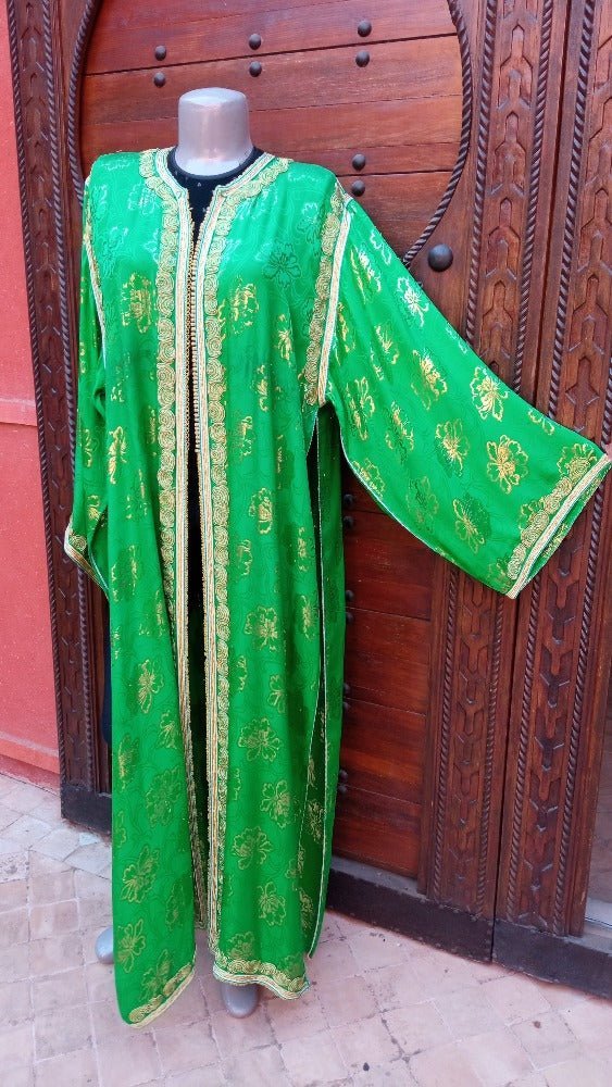 Vintage Moroccan Green Caftan with Gold Embroidery