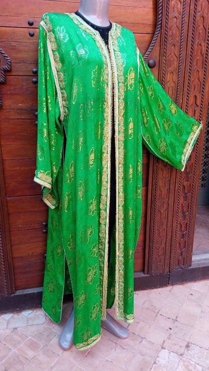 Vintage Moroccan Green Caftan with Gold Embroidery