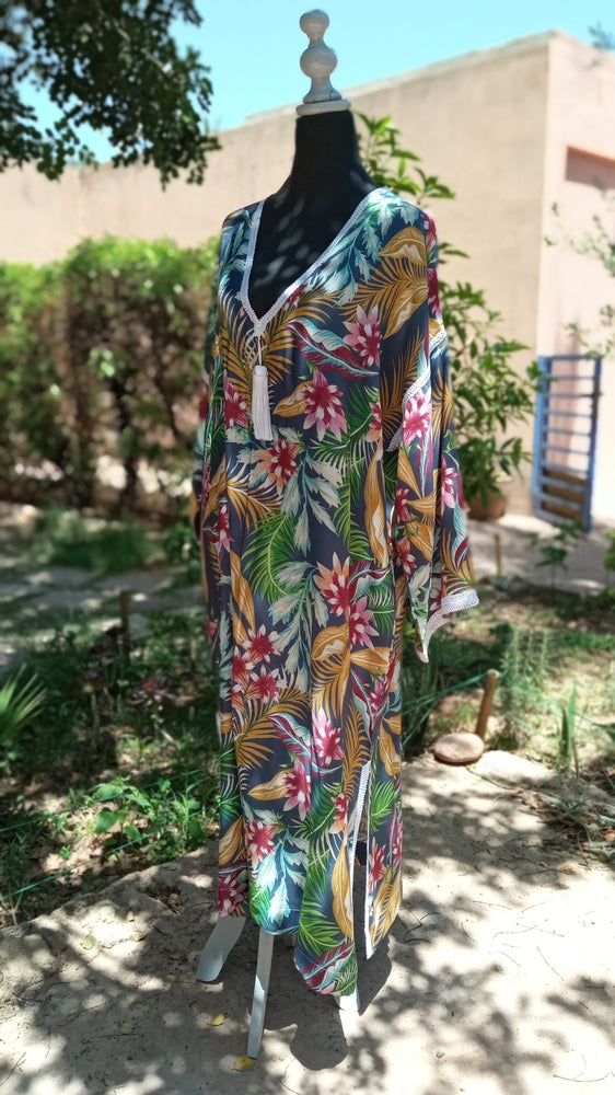 V neck soft floral Beach Moroccan kaftan for women