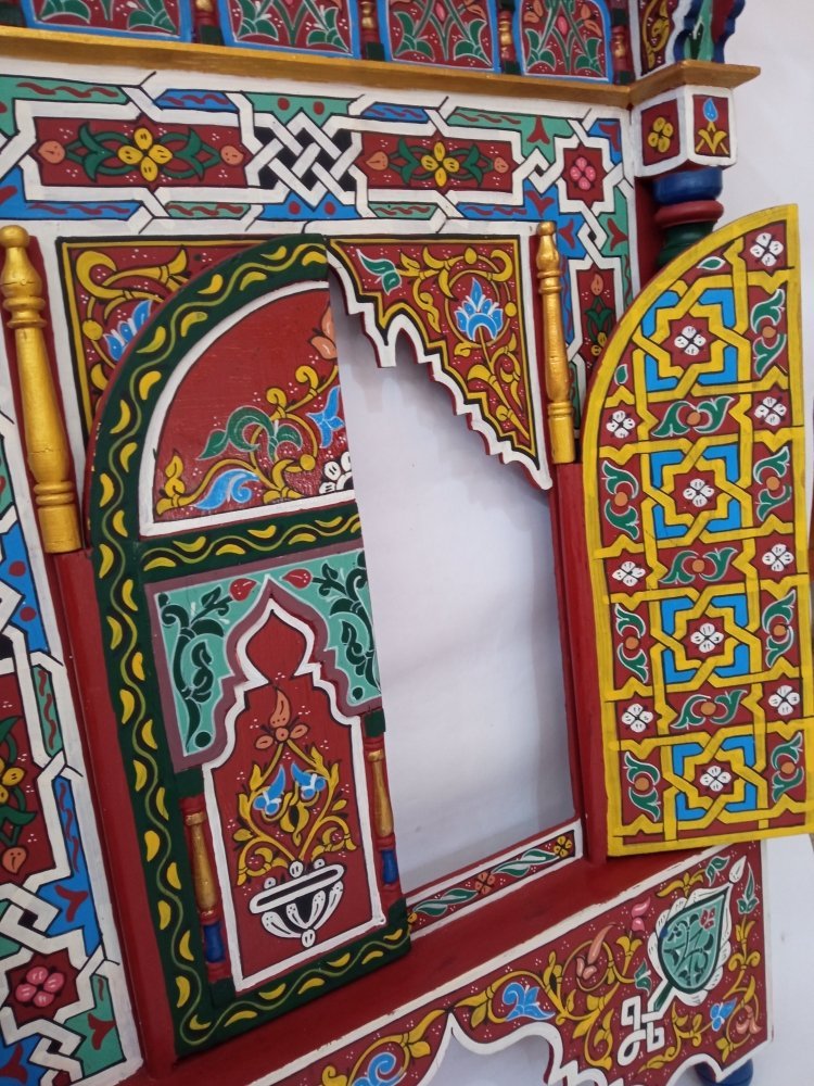 Vintage Large Moroccan Moorish painted wall door /Carved Mirror frame