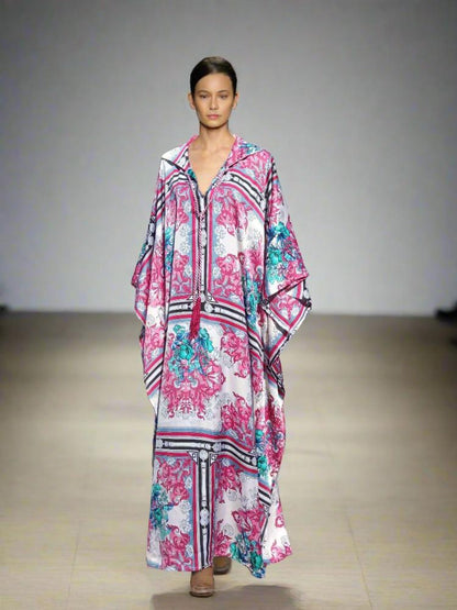 Silk hooded kaftan with Moroccan tassels