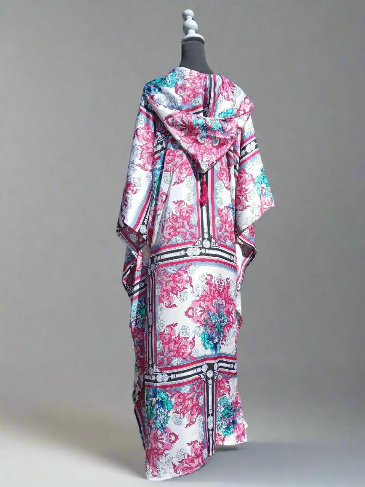 Silk hooded kaftan with Moroccan tassels