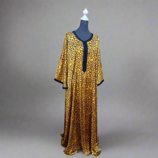 Long Mustard printed satin silk Kaftan summer