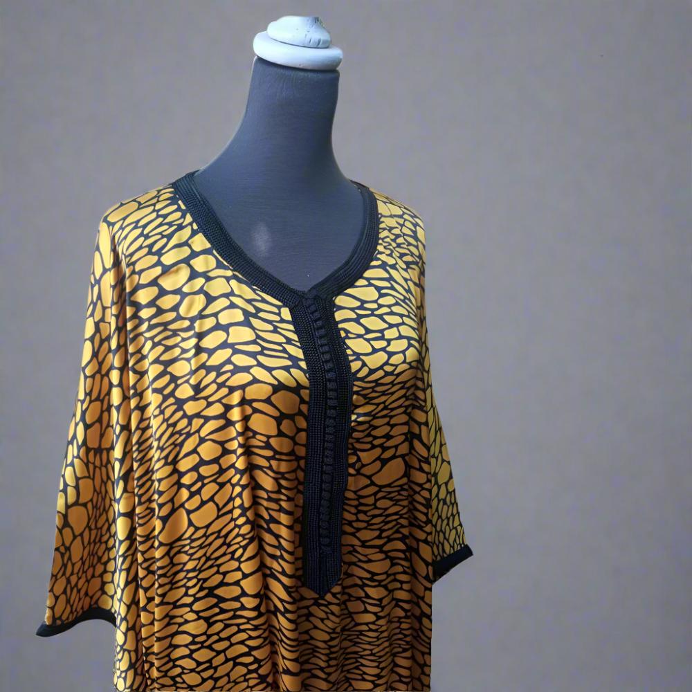 Long Mustard printed satin silk Kaftan summer