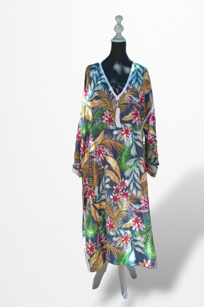 V neck soft floral Beach Moroccan kaftan for women at Heritage Handmade