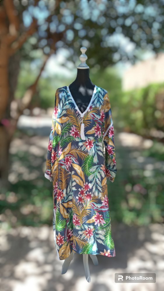 V neck soft floral Beach Moroccan kaftan for women at Heritage Handmade