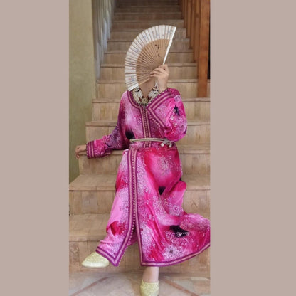 Amazing Vintage Caftan, Hot pink Velvet and Gold Kaftan dress - Heritage Handmade