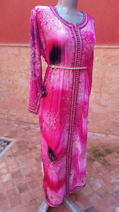 Amazing Vintage Caftan, Hot pink Velvet and Gold Kaftan dress - Heritage Handmade