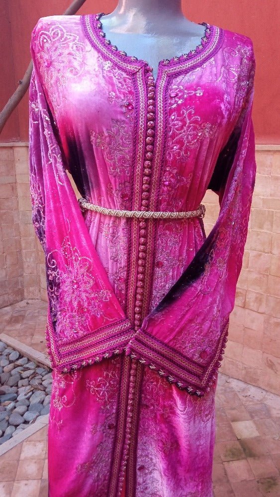 Amazing Vintage Caftan, Hot pink Velvet and Gold Kaftan dress - Heritage Handmade