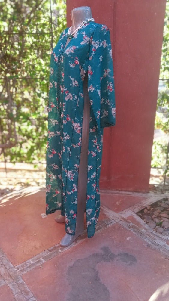 Antique Moroccan Green Floral kaftan dress for sale - Heritage Handmade