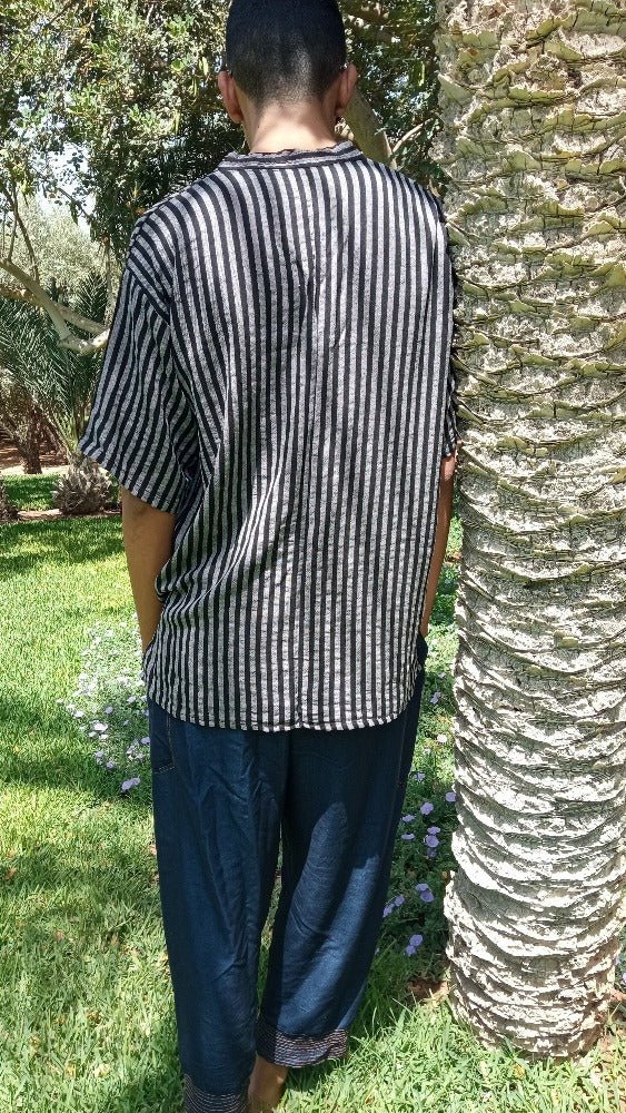 Black Linen strip summer shirt for men for sale - Heritage Handmade