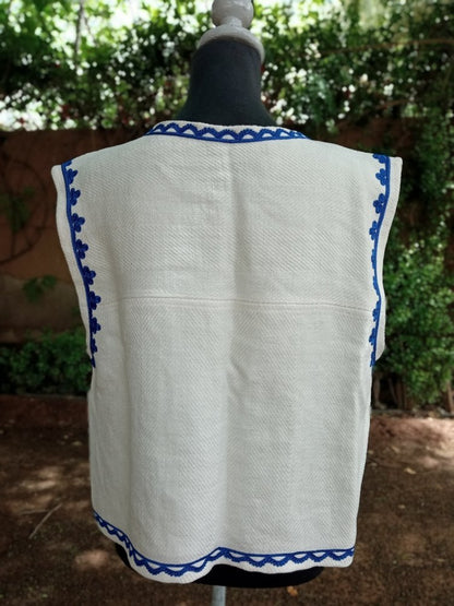 Blue Embroidered Linen Vest for women - Custom Outerwear Vests - Heritage Handmade