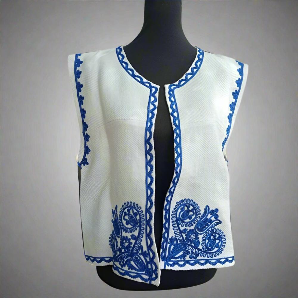 Blue Embroidered Linen Vest for women - Custom Outerwear Vests - Heritage Handmade