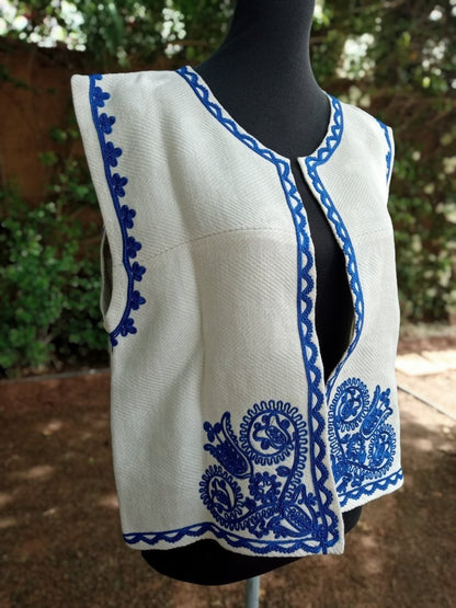 Blue Embroidered Linen Vest for women - Custom Outerwear Vests - Heritage Handmade