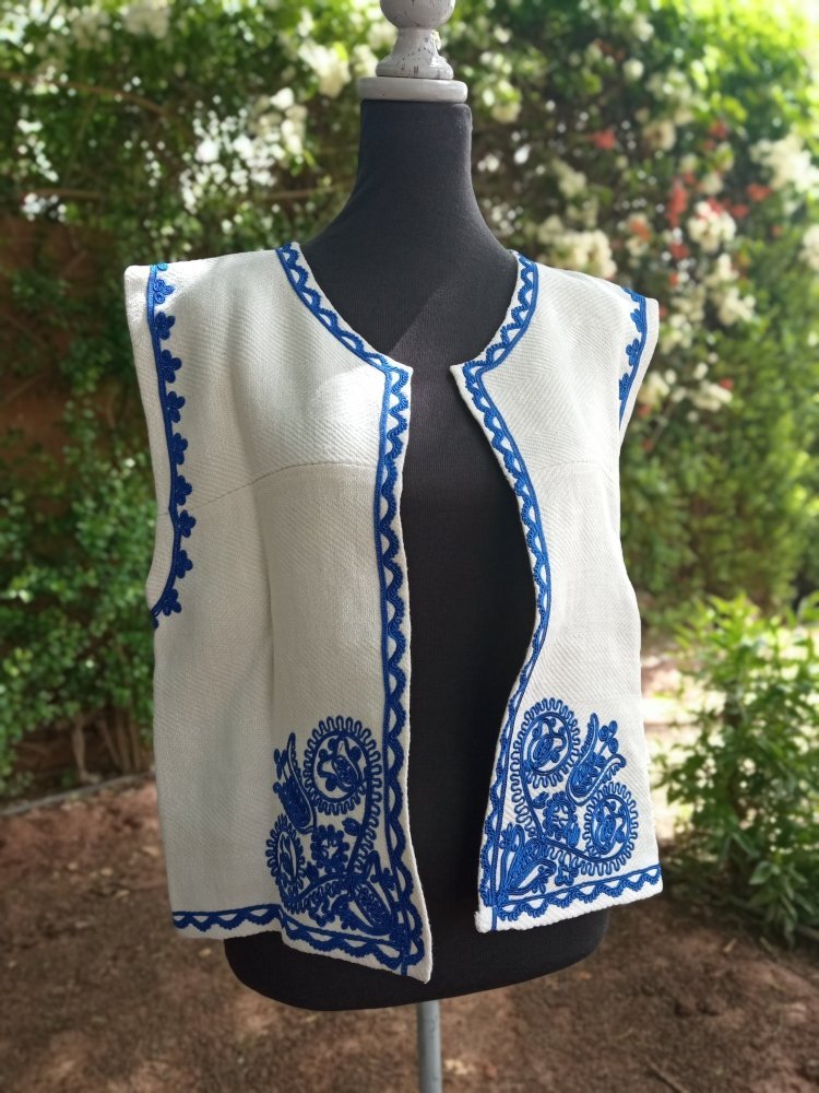 Blue Embroidered Linen Vest for women - Custom Outerwear Vests - Heritage Handmade