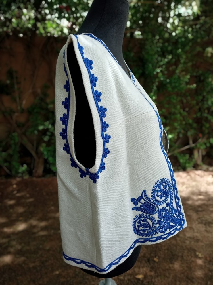 Blue Embroidered Linen Vest for women - Custom Outerwear Vests - Heritage Handmade