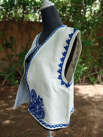 Blue Embroidered Linen Vest for women - Custom Outerwear Vests - Heritage Handmade