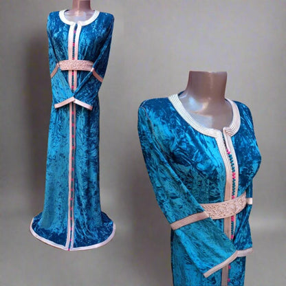 Blue Moroccan Velvet wedding Kaftan dress for women - Heritage Handmade