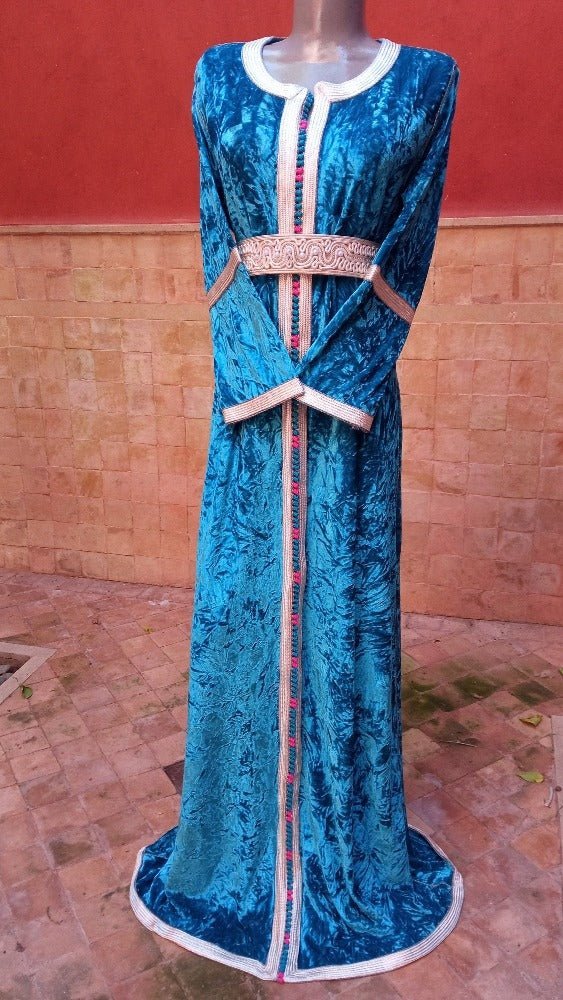 Blue Moroccan Velvet wedding Kaftan dress for women - Heritage Handmade