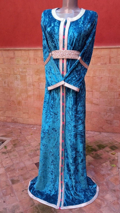 Blue Moroccan Velvet wedding Kaftan dress for women - Heritage Handmade