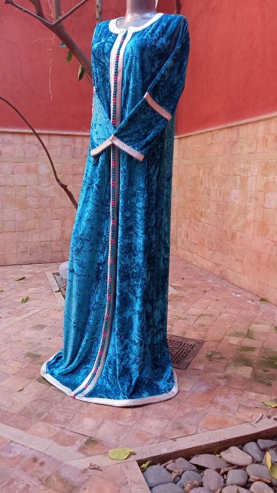 Blue Moroccan Velvet wedding Kaftan dress for women - Heritage Handmade