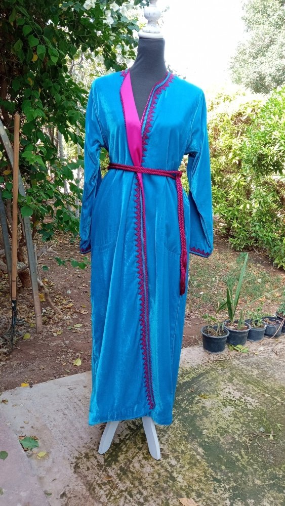 Blue Velvet Moroccan wedding dress kaftan with Fuschia - Heritage Handmade