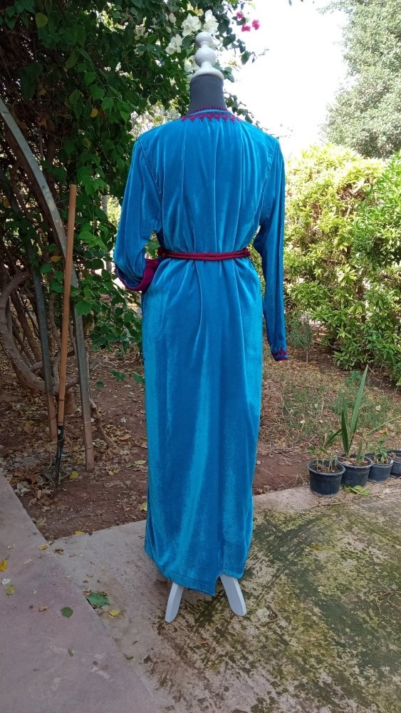 Blue Velvet Moroccan wedding dress kaftan with Fuschia - Heritage Handmade