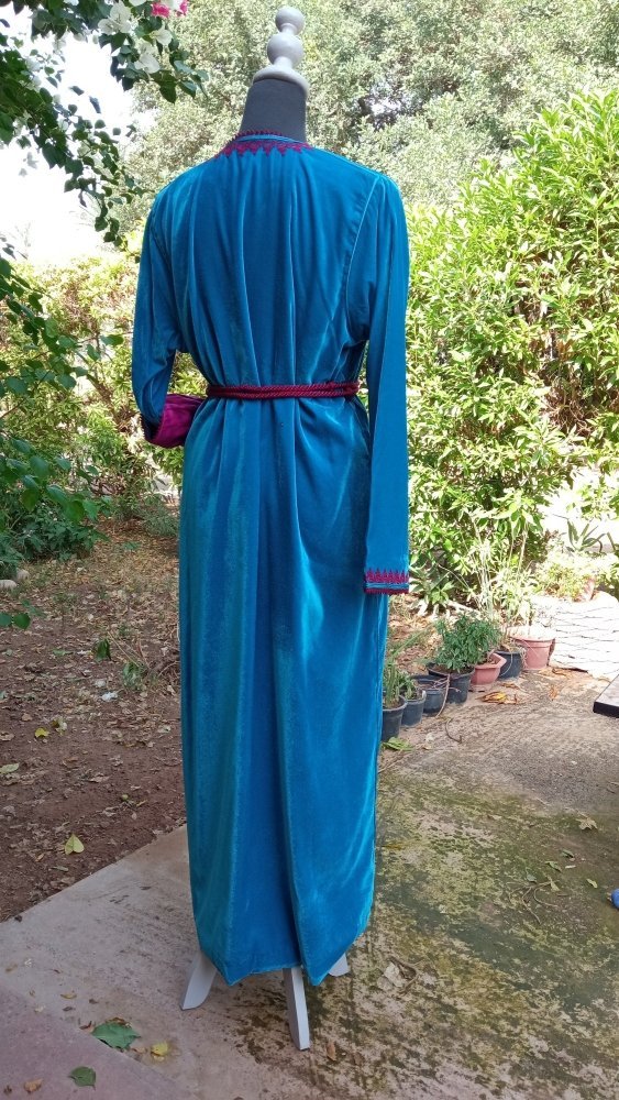 Blue Velvet Moroccan wedding dress kaftan with Fuschia - Heritage Handmade