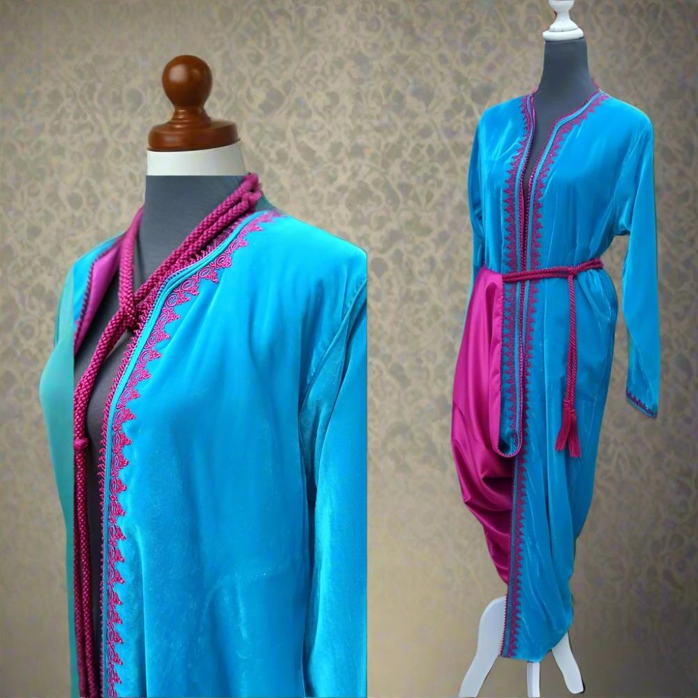 Blue Velvet Moroccan wedding dress kaftan with Fuschia - Heritage Handmade