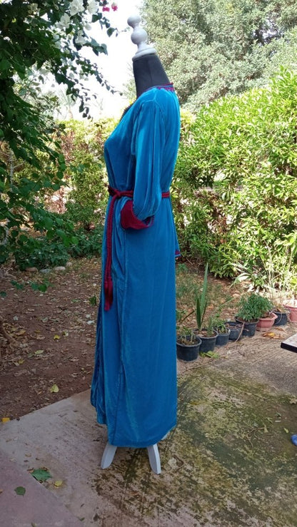 Blue Velvet Moroccan wedding dress kaftan with Fuschia - Heritage Handmade