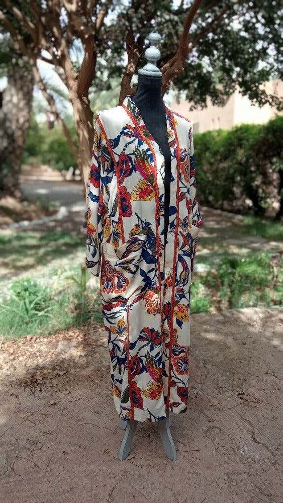 Bohemian Blend silk kimono with Moroccan trim for sale - Heritage Handmade