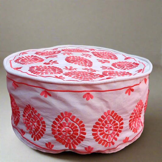 Customize Embroidered Orange Cotton floor pouf for sale - Heritage Handmade