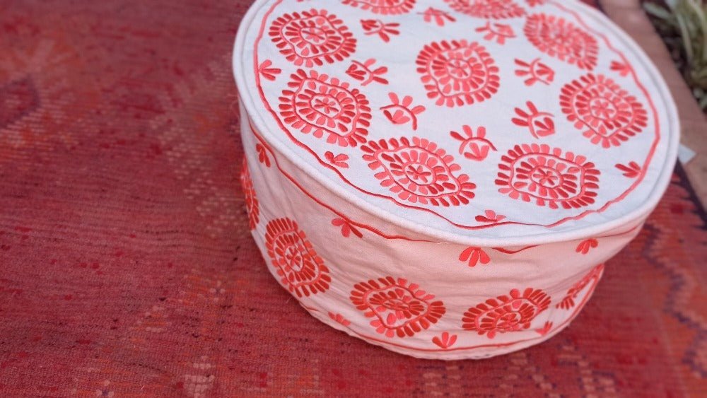 Customize Embroidered Orange Cotton floor pouf for sale - Heritage Handmade