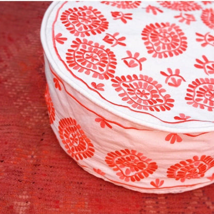 Customize Embroidered Orange Cotton floor pouf for sale - Heritage Handmade