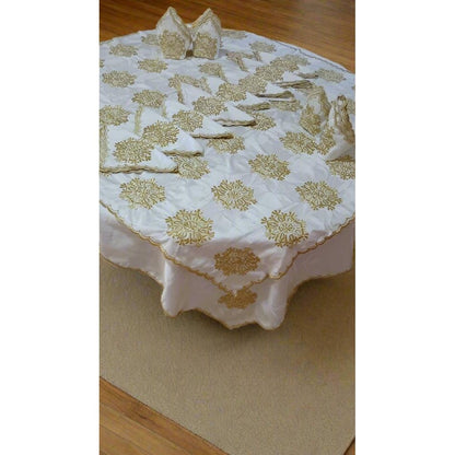 Embroidered 2 round piece Moroccan Tablecloth in Gold - Heritage Handmade