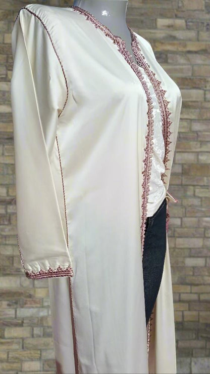 Embroidered Beige Satin silk open Moroccan Kaftan - Heritage Handmade