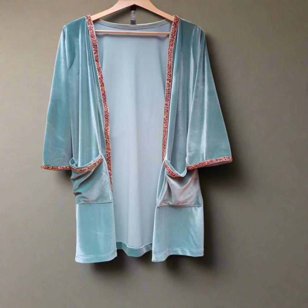 Embroidered Blue Velvet Kimono Jacket for women for sale - Heritage Handmade