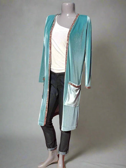 Embroidered Blue Velvet Kimono Jacket for women for sale - Heritage Handmade