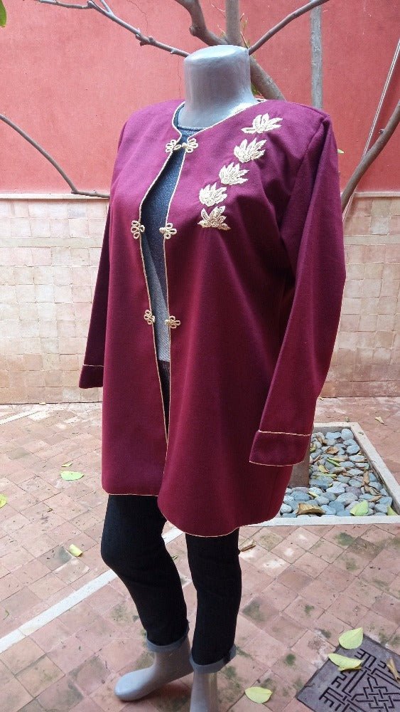 Embroidered Bordeaux blend Cashmere jacket for women - Heritage Handmade