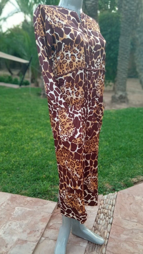 Embroidered Moroccan Leopard Print Silk Kaftan - Heritage Handmade