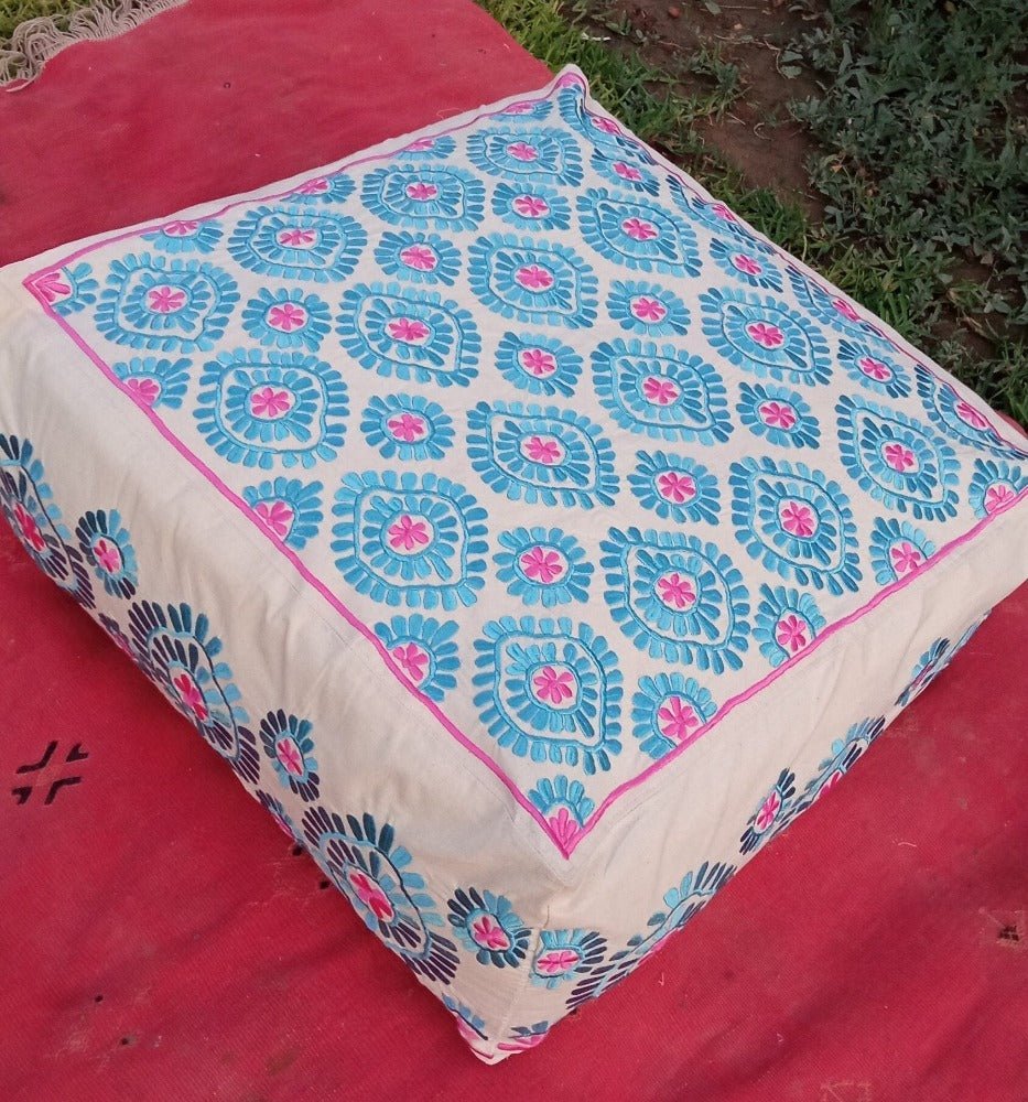 Embroidered square blue and pink Floor Seating - Heritage Handmade