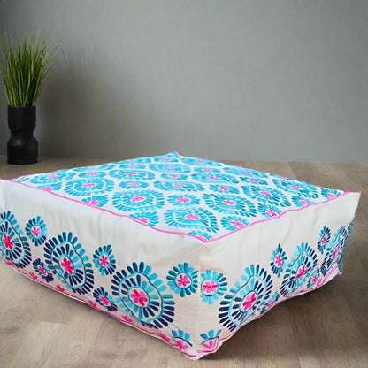 Embroidered square blue and pink Floor Seating - Heritage Handmade