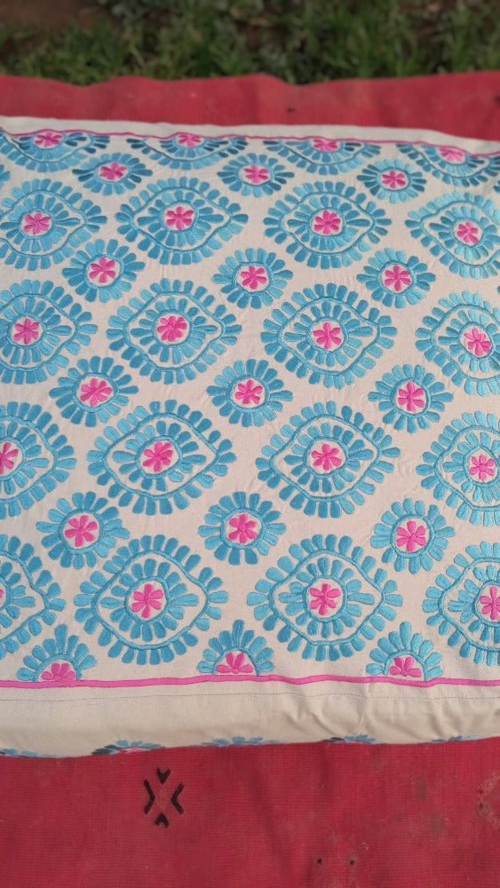 Embroidered square blue and pink Floor Seating - Heritage Handmade