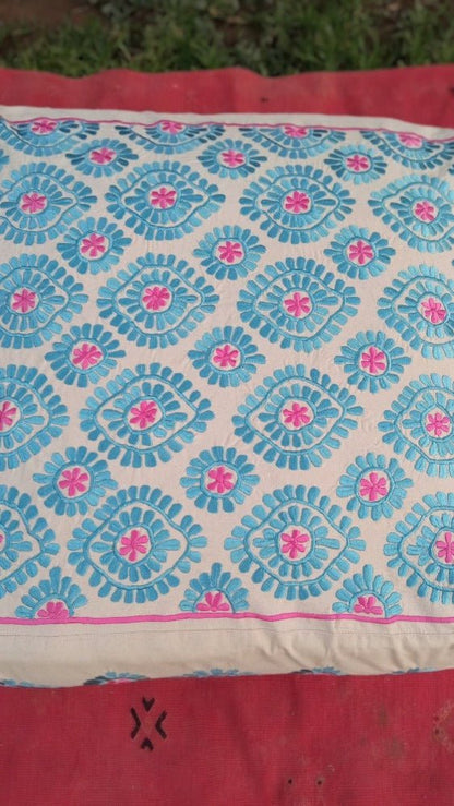 Embroidered square blue and pink Floor Seating - Heritage Handmade